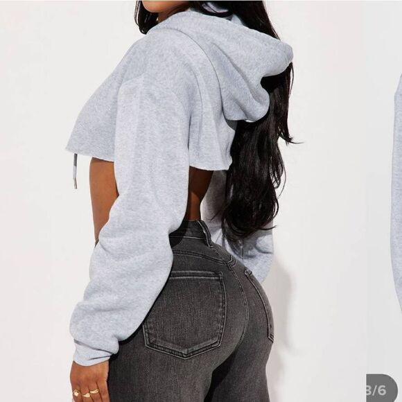 Jolie and Joy Pullover Cropped Fleece Long Sleeve Gray Hoodie -E - Picture 2 of 5